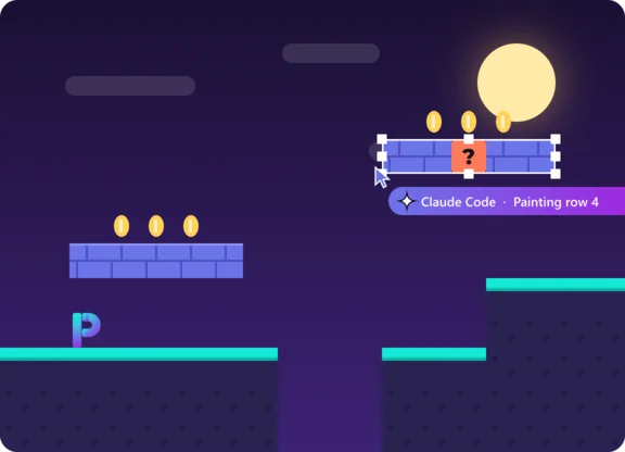 A platformer level drawn as one tilemap layer: ground and brick platforms, coins and a question block under a full moon, with an agent painting row 4.